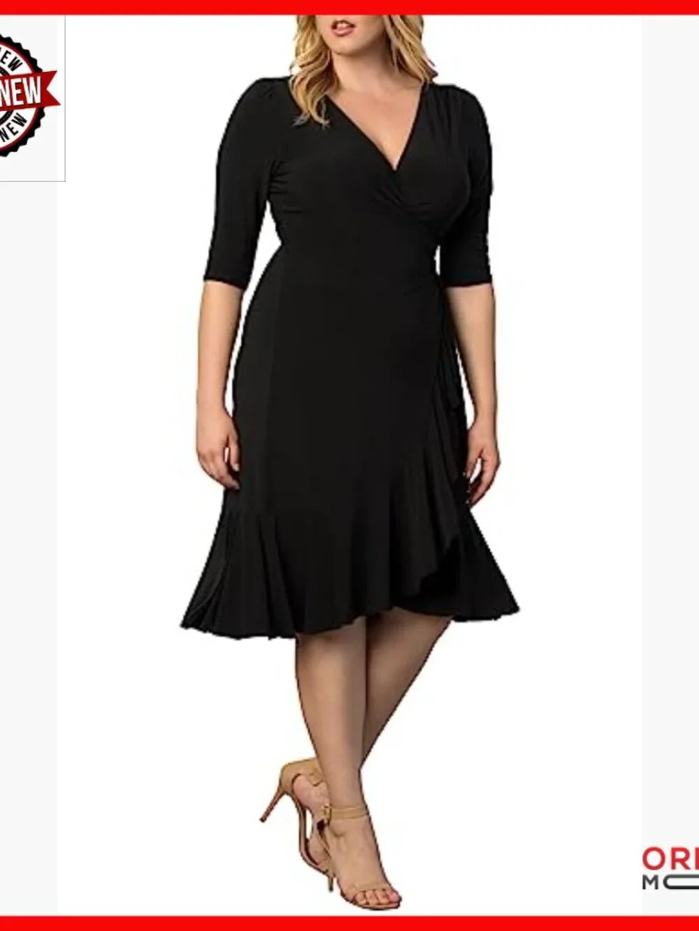Plus Size Midi Wrap Dress with Ruffled Skirt and Sleeves for Cocktail Work